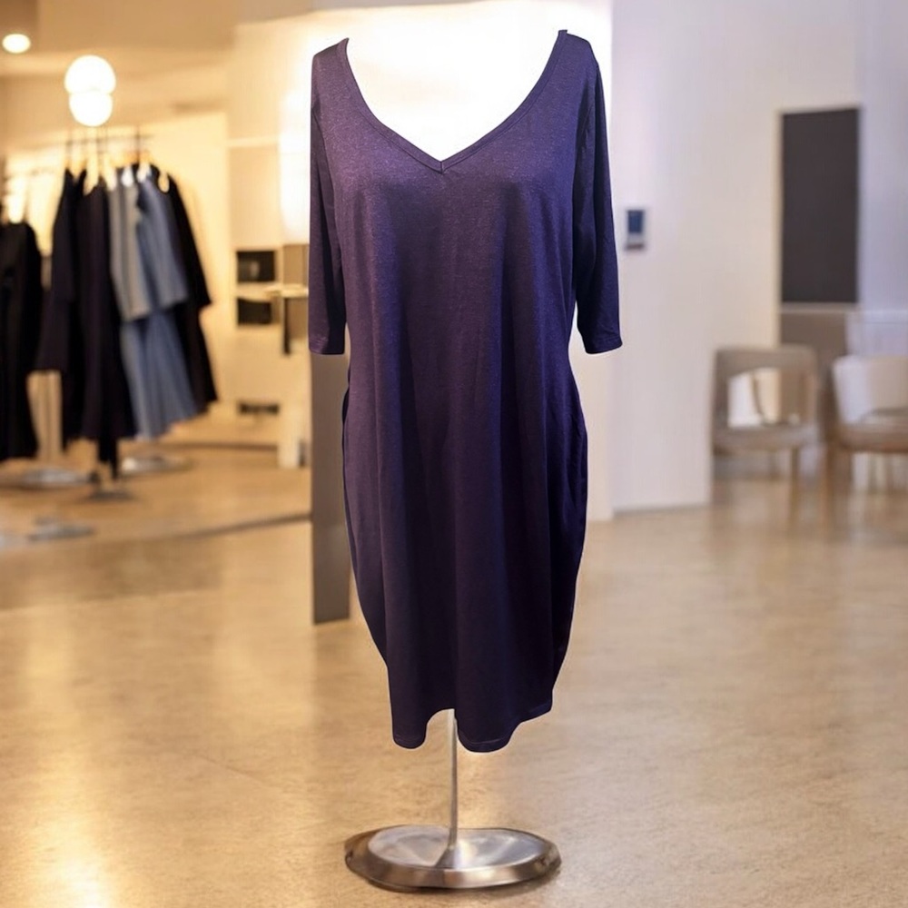 Ashro Plum Purple Lounge Midi Dress (XXL) – Soft Stretch V-Neck Caftan Style